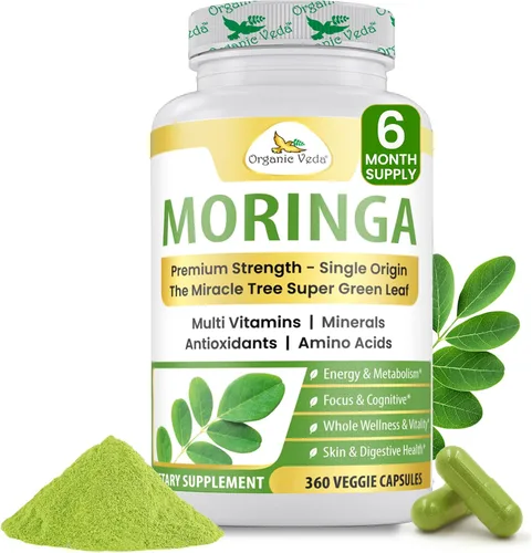 Vista 10 de Organic Veda Cápsulas de hoja de Moringa de 1200 mg, 120 unidades – Polvo puro de Moringa Oleifera en polvo de hojas enteras verde suplemento súper