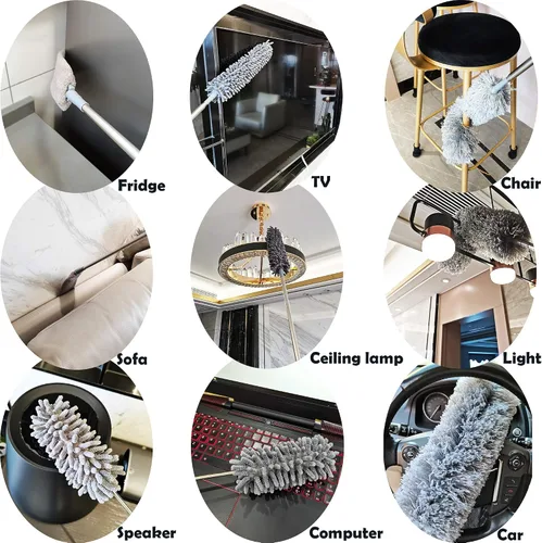 Vista 3 de Kit de plumero de microfibra 5 en 1 con poste de extensión (30-100 pulgadas) para techo alto, ventilador, telaraña, persianas y muebles, cabezales