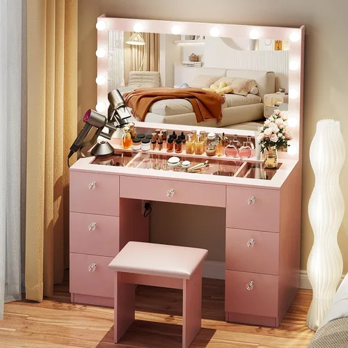 Vista 8 de VOWNER Tocador con espejo iluminado: escritorio de maquillaje con parte superior de vidrio con 7 cajones y toma de corriente, 3 modos de iluminación