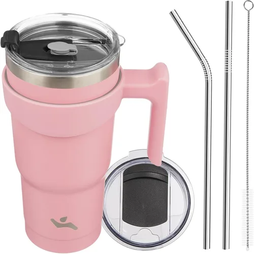 Vista 19 de Konokyo - Vaso de 10 onzas con asa y 2 popotes, 2 tapas, botella de agua aislada de acero inoxidable, taza de viaje reutilizable, color verde militar