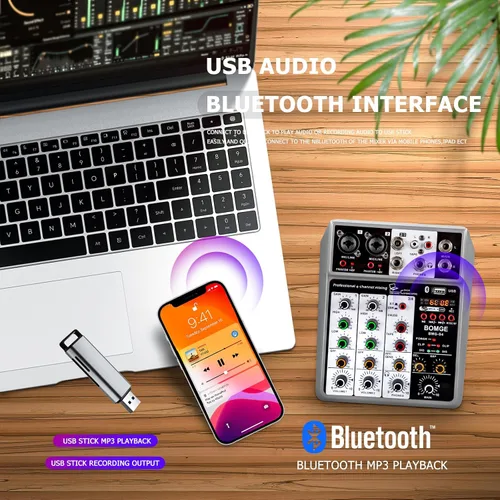 Vista 4 de BOMGE Mezclador de Audio Profesional, Consola de Mezcla de Placa de Sonido con 4 Canales Digital USB Bluetooth Efecto de Eco y Retrazo, Entrada 48V