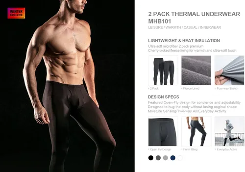 Vista 3 de TSLA Pantalones de ropa interior térmica para hombre, leggings largos con forro polar cálido, capa base de invierno