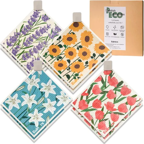 Vista 9 de Eulnars - Toallas de papel reutilizables, paquete de 8 paños de cocina suecos con 3 clips, negro y blanco, algodón, 200 lavados Negro Blanco
