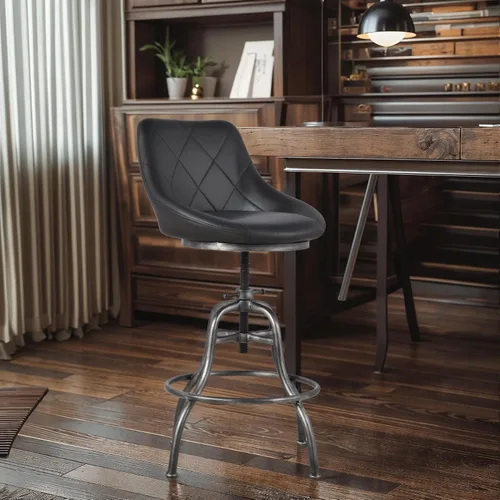 Vista 3 de Diseño industrial Metal Altura ajustable PU Respaldo Silla Vintage Bar Taburete Negro Asiento de cuero
