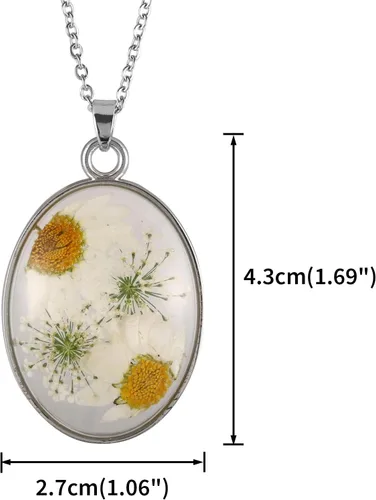 Vista 2 de FM FM42 Multicolor Daisy Pressed Flowers Queen Anne's Lace Transparent Oval Pendant Necklace (4 Colors)