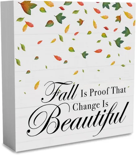 Vista 21 de Letrero rústico de madera con texto en inglés "Fall is Proof That Change is Beautiful", decoración de obra de arte de otoño y Acción de Gracias