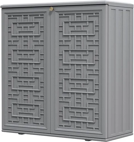 Vista 8 de HOMSPARK Armario de almacenamiento para interiores y exteriores con puertas y estante, caja de almacenamiento de plástico HDPE de 34 x 16 x 36 Marrón