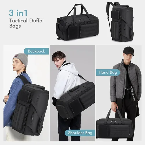 Vista 2 de Bolsa de gimnasio táctica militar 3 en 1 para hombres, bolsa de lona deportiva, 55L, mochila de viaje para fitness, fin de semana, entrenamiento