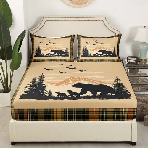 Vista 3 de Sábanas de oso de caza para niños y adolescentes, juego de cama rústico occidental de vida silvestre, sábana bajera para niños y niñas, sábanas