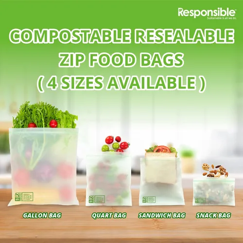 Vista 4 de Responsible Products Bolsa con cremallera resellable de gran galón compostable certificada, bolsas de alimentos extra resistentes, hechas