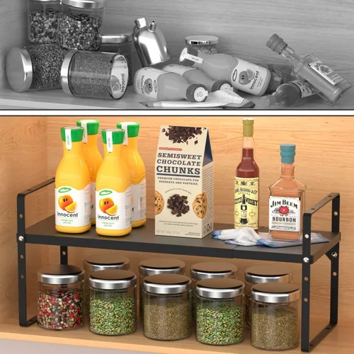 Vista 7 de Organizador de estante expandible para gabinete, almacenamiento apilable para mostrador de despensa de cocina, soporte ajustable para armario, Negro