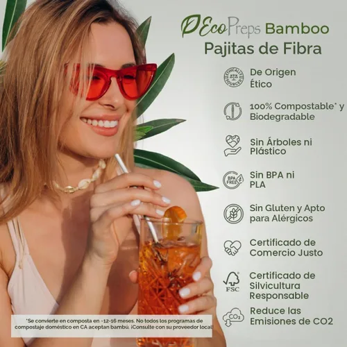 Vista 2 de EcoPreps - Pajitas desechables de fibra de bambú biodegradable, 150 unidades, 7.8 pulgadas 100% Compostable, Eco-Friendly Drinking Straw