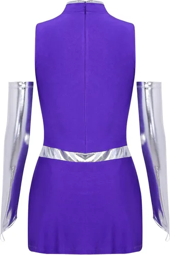 Vista 4 de Disfraces de héroe púrpura para mujer, trajes de vestir y guantes Vestido
