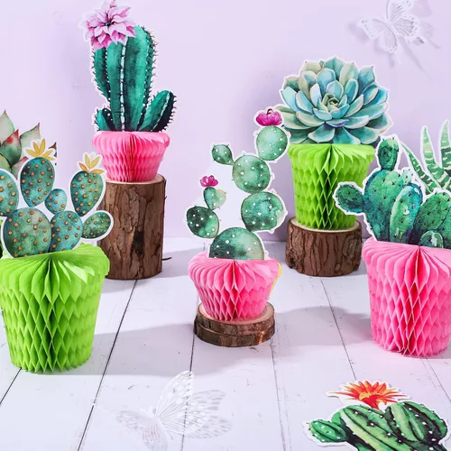 Vista 4 de Whaline 10 centros de mesa de cactus en forma de panal de abeja, decoración de papel suculento en maceta, decoración de cactus florecientes de Rosa