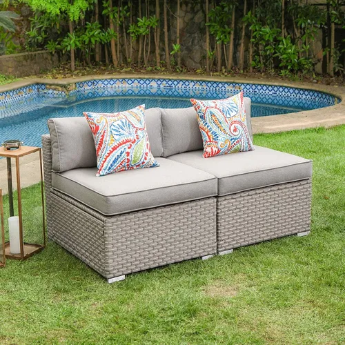 Vista 11 de COSIEST Juego de 2 sillas complementarias sin brazos para muebles de exterior para expandir sofá seccional de mimbre marrón chocolate con cojines