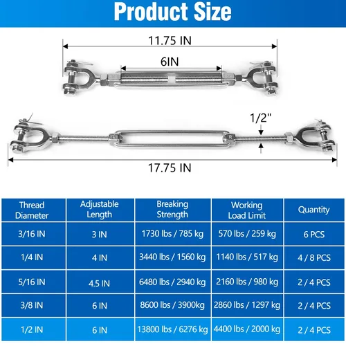 Vista 2 de 2 tensores M12 de 1/2 pulgada de acero inoxidable 304 de mandíbula y mandíbula tensor de mandíbula, tensor de cable resistente, límite de carga