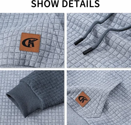 Vista 4 de Sudadera de manga larga para hombre con capucha con cordón de jacquard a cuadros estilo informal y hípster con bolsillo de canguro