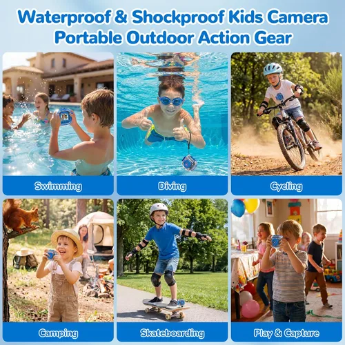 Vista 3 de PROGRACE Cámara impermeable para niños, cumpleaños para niños de 3 a 12 años, cámara de video submarina HD 1080P para niños, juguetes de piscina