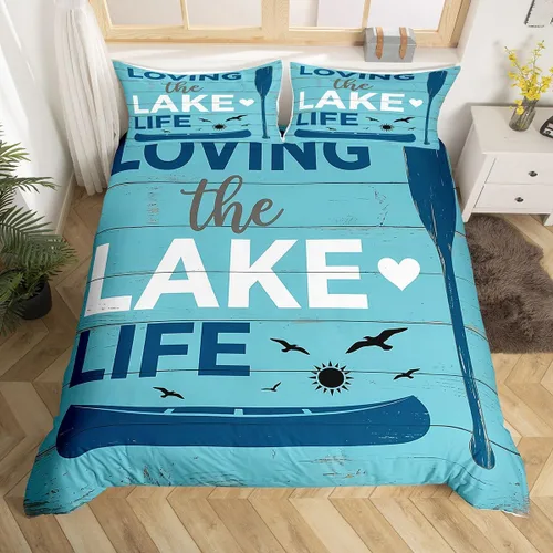 Vista 10 de Erosebridal Lake House Twin Bed Set for Boys Girls Kids, Blue and Beige Lakehouse 2Pcs Duvet Cover with Zipper, Rustic Farmhouse Bedding Sets