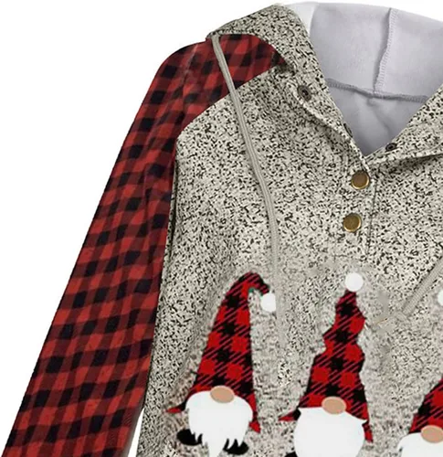 Vista 2 de Women's Long Sleeve Xmas Sweatshirt Plaid Raglan Hooded Tops Patchwork Christmas Pullover Hoodies Autumn Tops