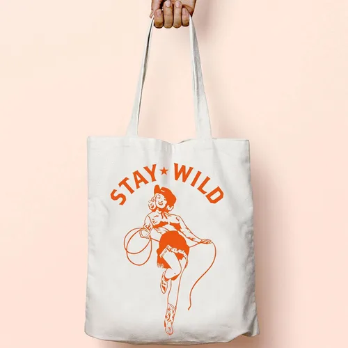Vista 7 de BLUPARK Bolsa de compras vintage retro vaquera con texto en inglés "Stay Wild