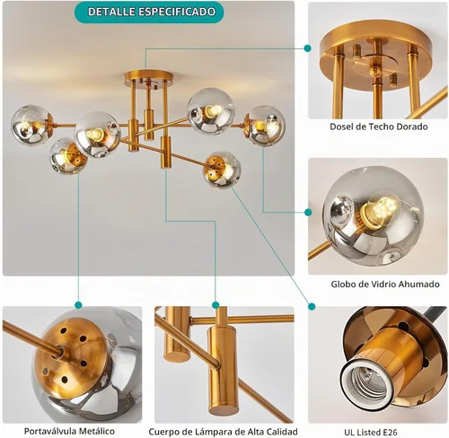 Vista 6 de DDLLDESHI Lámpara de araña de 6 luces dorada con cubierta esférica de vidrio Sputnik, lámpara de techo de 34" de gran tamaño para comedor, lámparas