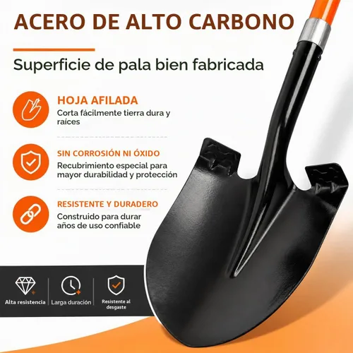 Vista 2 de VNIMTI Pala de jardinería resistente, hoja redonda de 56 pulgadas con mango de fibra de vidrio (naranja)