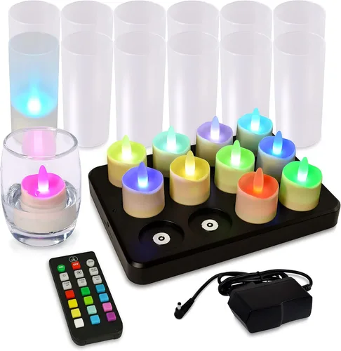 Vista 9 de HL Velas sin llama con temporizador remoto y estación de carga, más de 60 horas recargables, impermeables, para exteriores, velas de té RGB