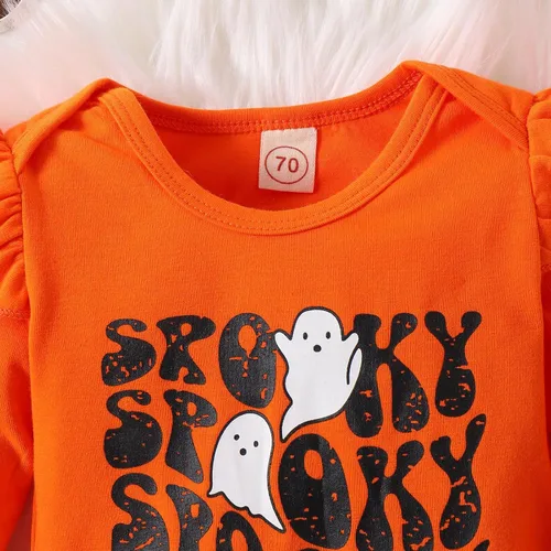 Vista 3 de HAPPYMA Conjunto de ropa de Halloween para bebé niña, traje de calabaza y fantasma, letras impresas con letras y pantalones de campana de calabaza