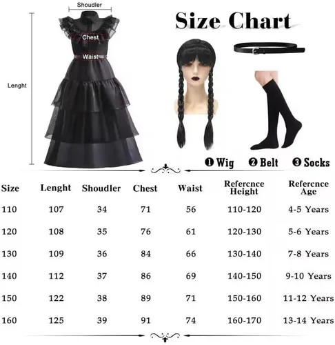 Vista 6 de GRIVOS Wednesday Addams - Disfraces de vestir para niños y niñas, fiesta familiar, disfraz de cosplay con peluca de cinturón de 4 a 14 años