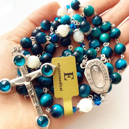 Vista 7 de elegantmedical HECHO A MANO CUENTAS DE OJO DE TIGRE CATÓLICO ROSARIO CRUCIFIJO COLLAR Lourdes Medalla de agua