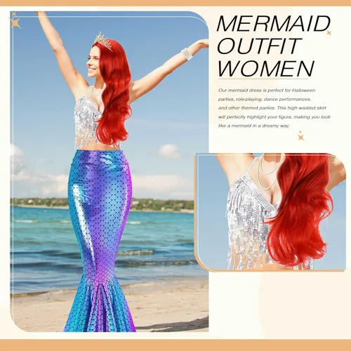 Vista 2 de 8 piezas de disfraz de sirena para mujer, disfraces de Halloween, lentejuelas brillantes, falda de sirena, peluca, vestido de princesa para adultos