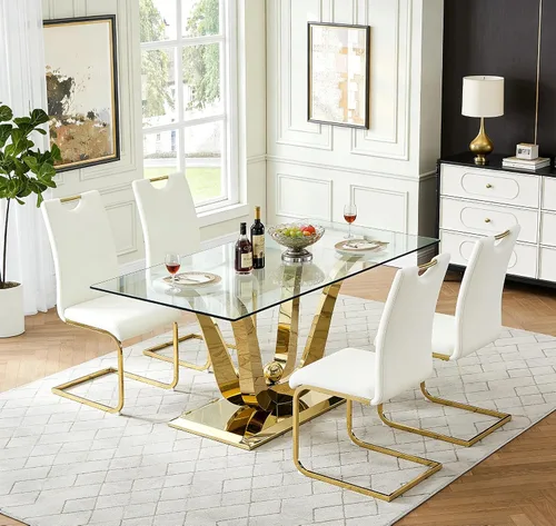 Vista 26 de Juego de mesa de comedor de vidrio de 70 pulgadas para 4, mesa rectangular de cristal dorado con 4 sillas de piel sintética, juego de mesa de Mesa