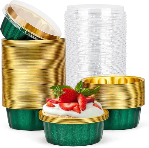 Vista 97 de Beasea Disposable Ramekins with Lids, 50 Pack 8oz 235ml Aluminum Foil Baking Cups with Lids, Aluminum Creme Brulee Ramekins Muffin Cupcake Pudding
