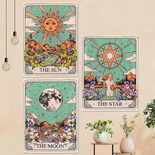 Vista 11 de Aipon Tapiz bohemio de polilla vintage con flores florales, tapices estéticos retro de hongos para dormitorio, sol y luna, tapiz pequeño para colgar