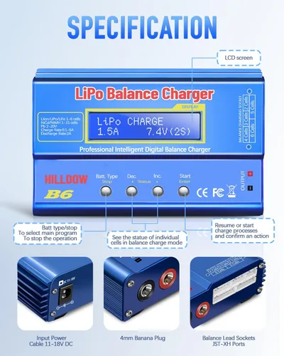 Vista 4 de Cargador de Batería B6 80W Mini Lipo Cargador/Descargador de Equilibrio con Fuente de Alimentación para Batería LiPo/Li-ion/Life(1-6s) NiMH/NiCd