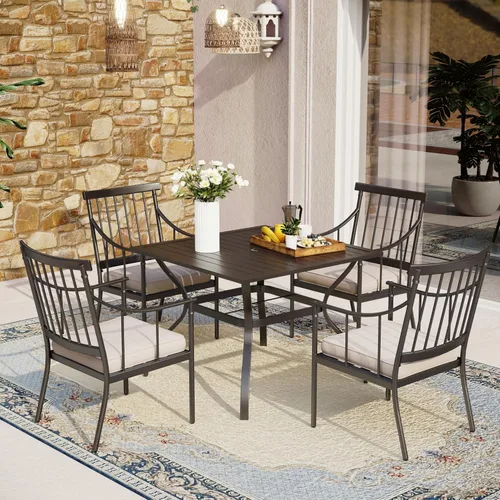 Vista 15 de MFSTUDIO Juego de comedor de 5 piezas de metal para patio, juego de muebles para exteriores con 1 mesa cuadrada de madera y 6 sillas de respaldo