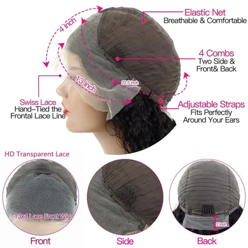 Vista 7 de Pelucas de encaje frontal sin pegamento con onda de agua para mujer, cabello humano 180 de densidad, cabello virgen brasileño sin procesar