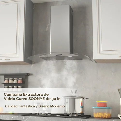 Vista 6 de Campana extractora de pared curva de vidrio de 30 pulgadas con 450 CFM de acero inoxidable, convertible sin conductos/con conductos con extractor