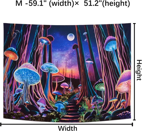 Vista 5 de Tushelia Tapiz de árbol de bosque de luz negra, tapiz de hongos de neón de fantasía, tapiz espacial reactivo a los rayos UV, tapiz espacial