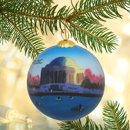 Vista 4 de Ornamento de Navidad de cristal pintado a mano - Washington D. C. - Jefferson Memorial con flores de cerezo