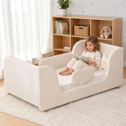 Vista 10 de Cama Montessori tapizada con rieles extraíbles Azul bebé