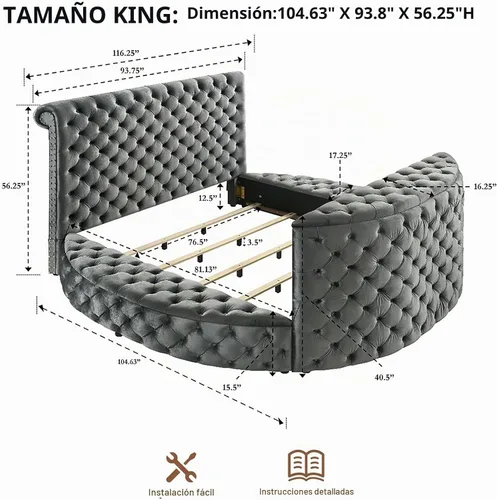 Vista 2 de Base de cama con chimenea y elevador de TV, marco de cama circular con botones acolchonados, cabecera enrollada y ribete de cabeza de clavos