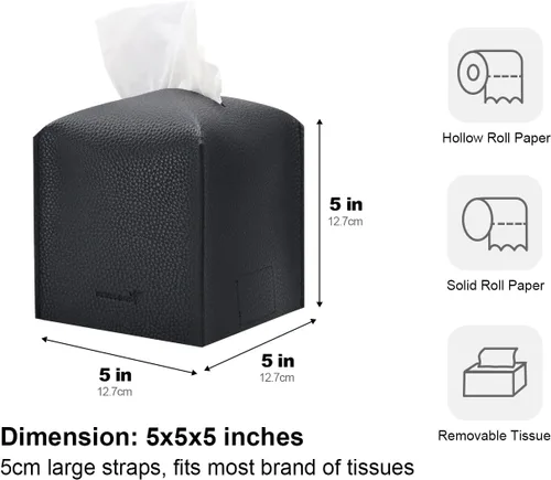Vista 5 de Funda para caja de pañuelos 5 x 5 x 5 pulgadas de piel sintética, organizador cuadrado de caja de pañuelos en cubo para baño, encimera de tocador