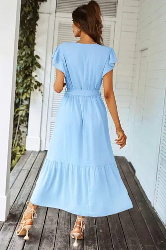Vista 3 de PRETTYGARDEN - Vestido floral para mujer estilo bohemio, cruzado, con cuello en V, manga corta, con cinturón, dobladillo con volantes, acampanado