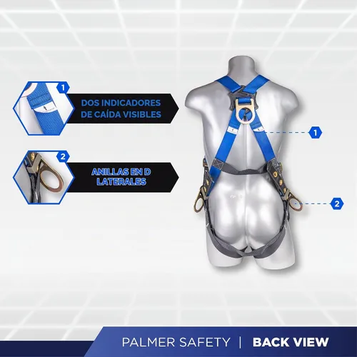 Vista 3 de Palmer Safety Arnés de cuerpo completo de ajuste de 5 puntos, anillo 3D, patas con ojales e indicadores de caída