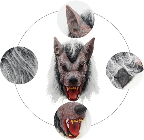 Vista 4 de EraSpooky Máscara de hombre lobo para hombre, disfraz de Halloween, máscara de látex de lobo de cabeza completa