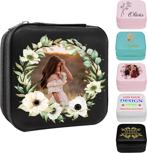 Vista 20 de Joyero personalizado con nombre, joyero de viaje portátil personalizado, organizador de joyas de cuero, cajas de dama de honor, boda, regalo