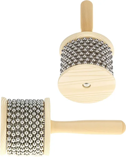 Vista 6 de QWORK Cabasa Instrumento musical de percusión de madera, coctelera de cuentas de acero inoxidable de 3.5 pulgadas con mango de madera