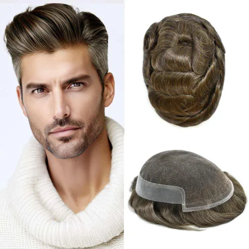 Vista 24 de Mens Toupee Remy Human Hair System For Men Bleached Knot Toupee Hair Piece For Men French Lace Toupee For Men Hairpiece 8X10#17 Dark Ash Blonde 90%